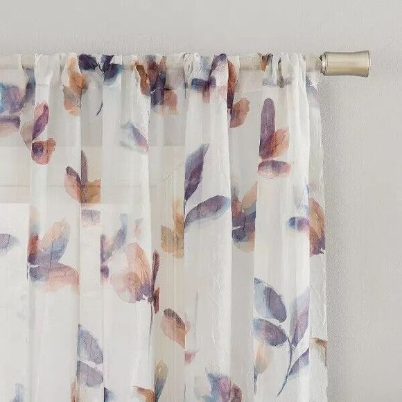 Sheer Ellie Watercolor Floral Print Rod Pocket Single Curtain Panel 84-inch NEW - Picture 2 of 6